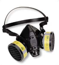Industrial Respirator Mask – Macias v. Saberhagen Holdings Case - Ferraro Law Firm Black industrial respirator mask with dual yellow filters, symbolizing worker safety equipment tied to liability in Macias v. Saberhagen Holdings.