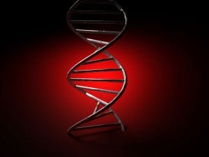 Artistic rendering of a DNA double helix against a red background, symbolizing genetic mutations linked to mesothelioma.