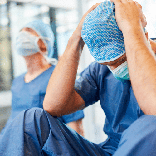 Frustrated Surgeon After Medical Procedure - Ferraro Law Firm Surgeon in scrubs sitting with head in hands, showing stress and frustration after a medical procedure.