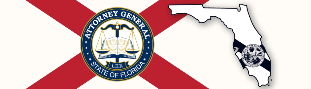 Florida Attorney General seal with scales of justice on an open book, centered on a red diagonal cross flag, and a white Florida outline on the right side.